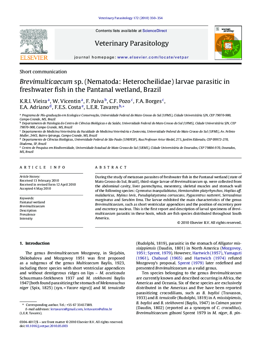 Brevimulticaecum sp. (Nematoda: Heterocheilidae) larvae parasitic in freshwater fish in the Pantanal wetland, Brazil