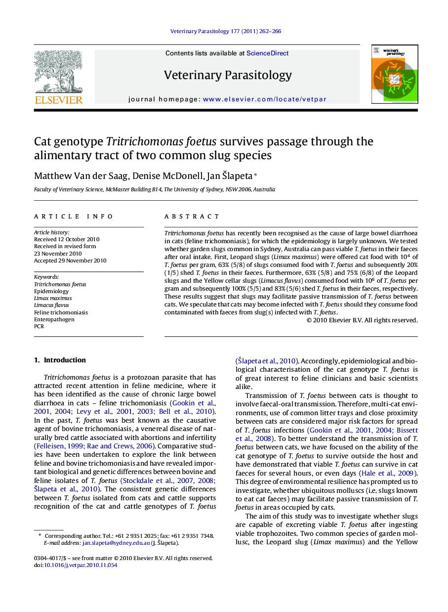 Cat genotype Tritrichomonas foetus survives passage through the alimentary tract of two common slug species