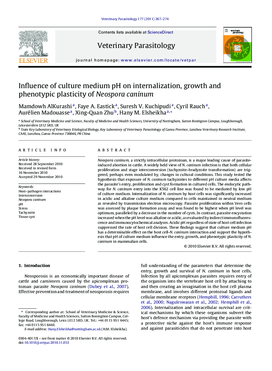 Influence of culture medium pH on internalization, growth and phenotypic plasticity of Neospora caninum