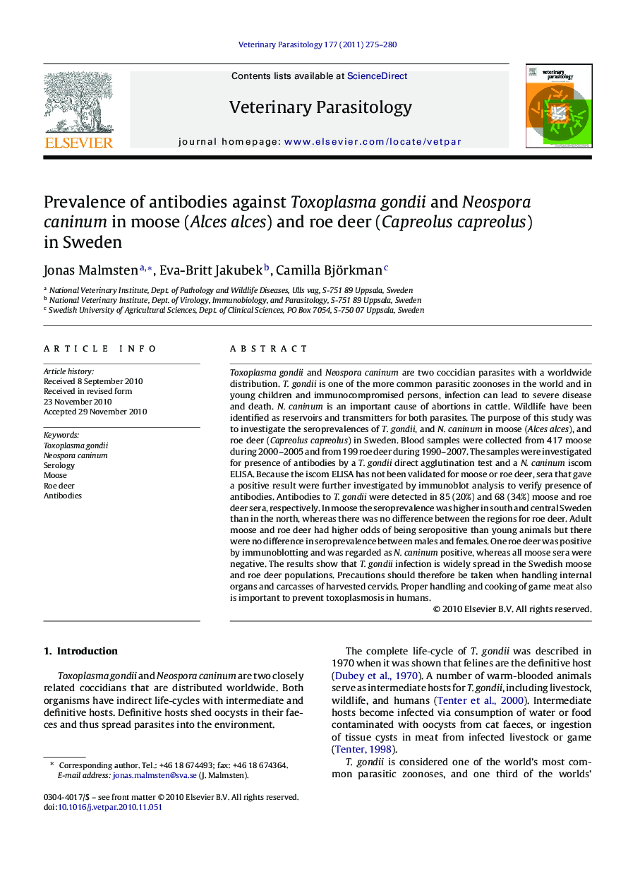 Prevalence of antibodies against Toxoplasma gondii and Neospora caninum in moose (Alces alces) and roe deer (Capreolus capreolus) in Sweden