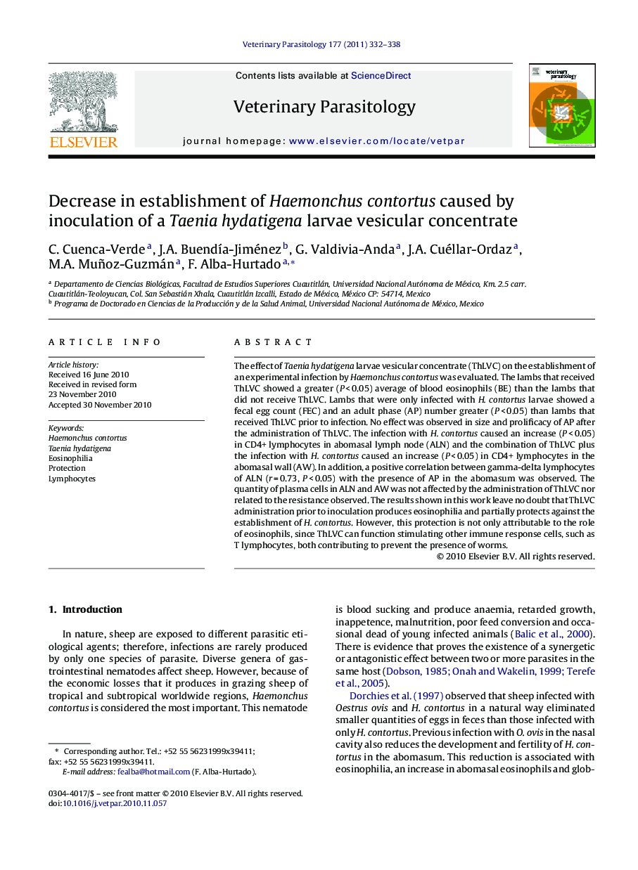 Decrease in establishment of Haemonchus contortus caused by inoculation of a Taenia hydatigena larvae vesicular concentrate