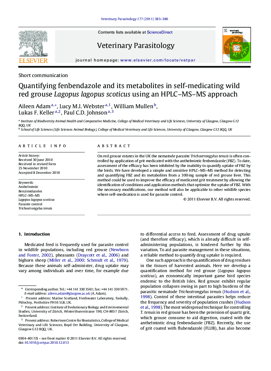 Quantifying fenbendazole and its metabolites in self-medicating wild red grouse Lagopus lagopus scoticus using an HPLC–MS–MS approach