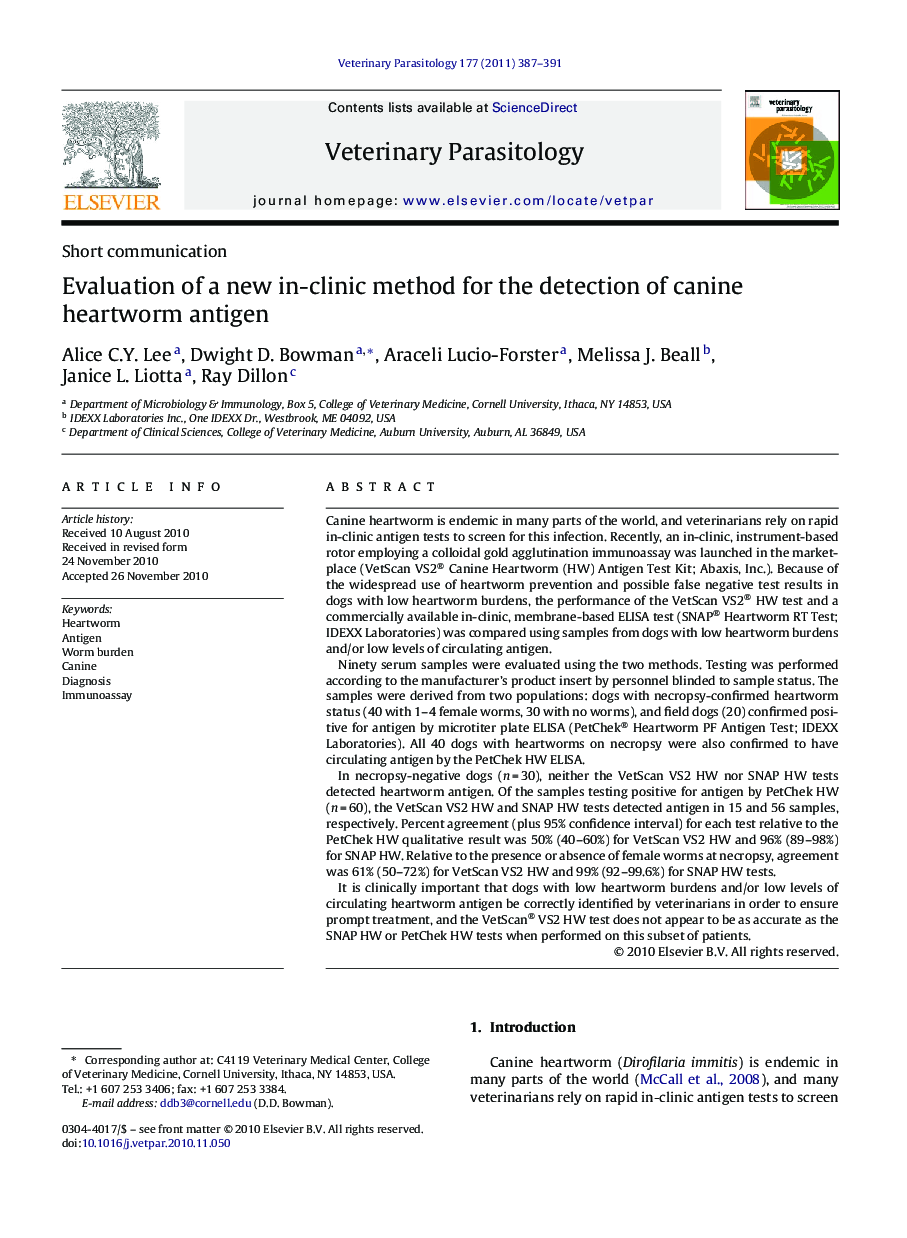 Evaluation of a new in-clinic method for the detection of canine heartworm antigen