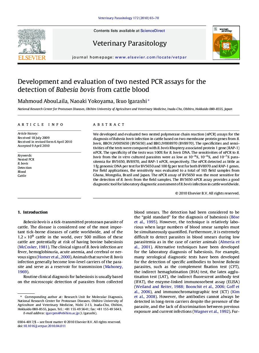 Development and evaluation of two nested PCR assays for the detection of Babesia bovis from cattle blood