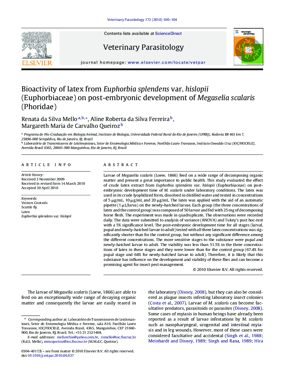 Bioactivity of latex from Euphorbia splendens var. hislopii (Euphorbiaceae) on post-embryonic development of Megaselia scalaris (Phoridae)