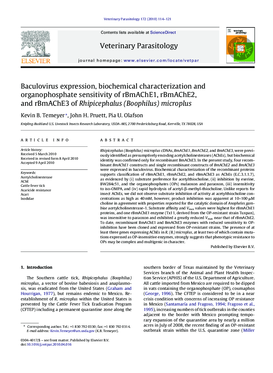 Baculovirus expression, biochemical characterization and organophosphate sensitivity of rBmAChE1, rBmAChE2, and rBmAChE3 of Rhipicephalus (Boophilus) microplus