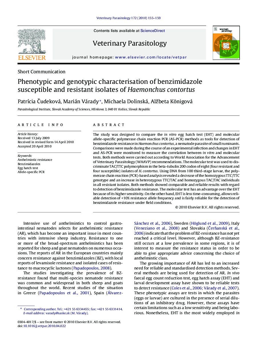 Phenotypic and genotypic characterisation of benzimidazole susceptible and resistant isolates of Haemonchus contortus