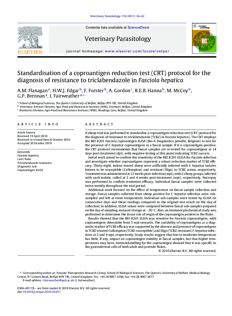 Standardisation of a coproantigen reduction test (CRT) protocol for the diagnosis of resistance to triclabendazole in Fasciola hepatica