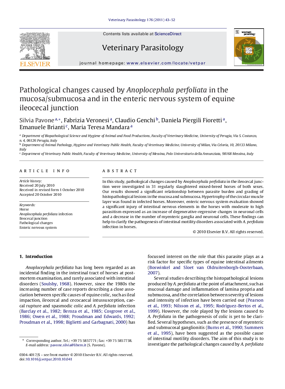 Pathological changes caused by Anoplocephala perfoliata in the mucosa/submucosa and in the enteric nervous system of equine ileocecal junction