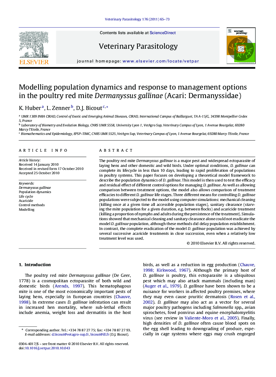 Modelling population dynamics and response to management options in the poultry red mite Dermanyssus gallinae (Acari: Dermanyssidae)