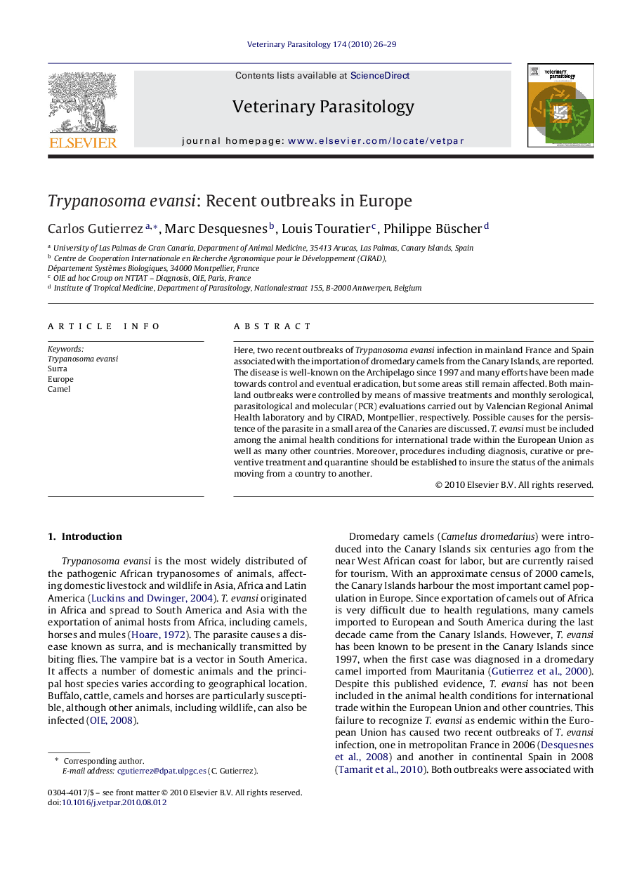 Trypanosoma evansi: Recent outbreaks in Europe