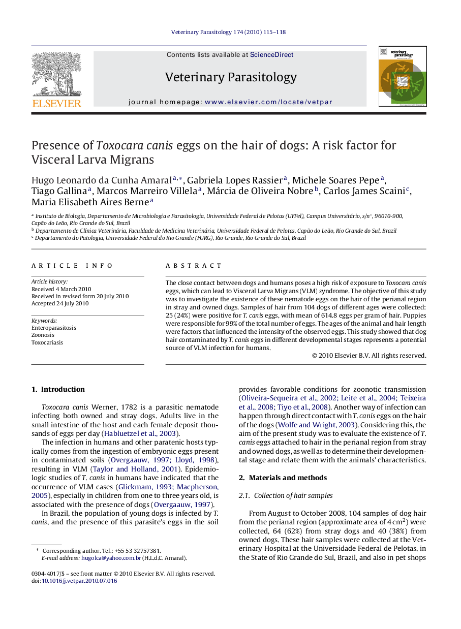 Presence of Toxocara canis eggs on the hair of dogs: A risk factor for Visceral Larva Migrans