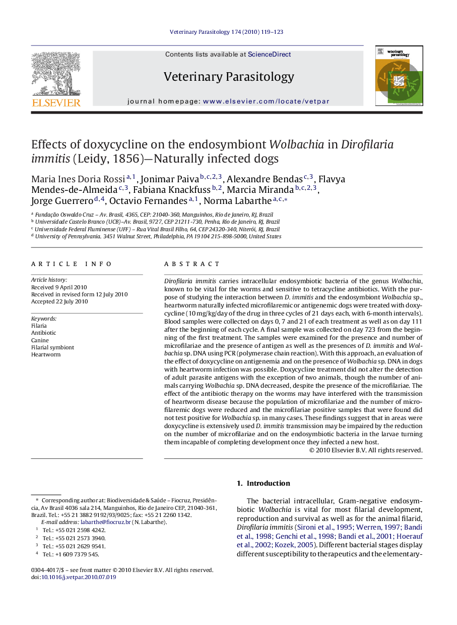 Effects of doxycycline on the endosymbiont Wolbachia in Dirofilaria immitis (Leidy, 1856)—Naturally infected dogs