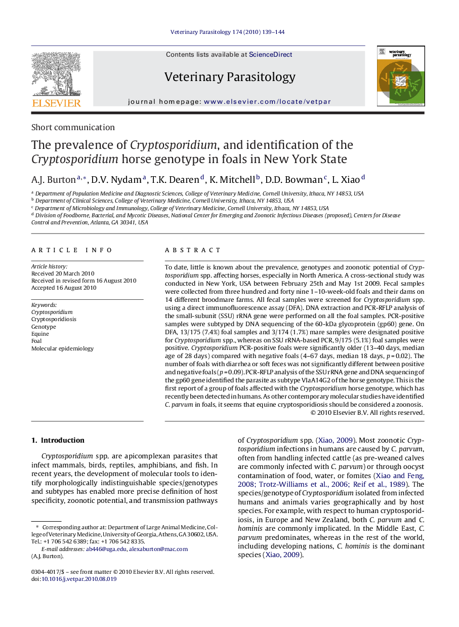 The prevalence of Cryptosporidium, and identification of the Cryptosporidium horse genotype in foals in New York State