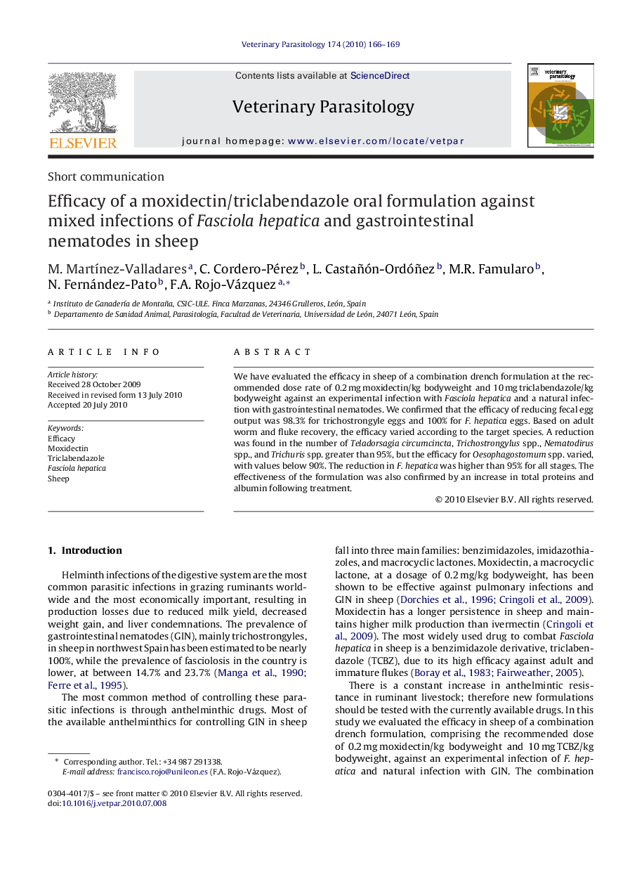 Efficacy of a moxidectin/triclabendazole oral formulation against mixed infections of Fasciola hepatica and gastrointestinal nematodes in sheep