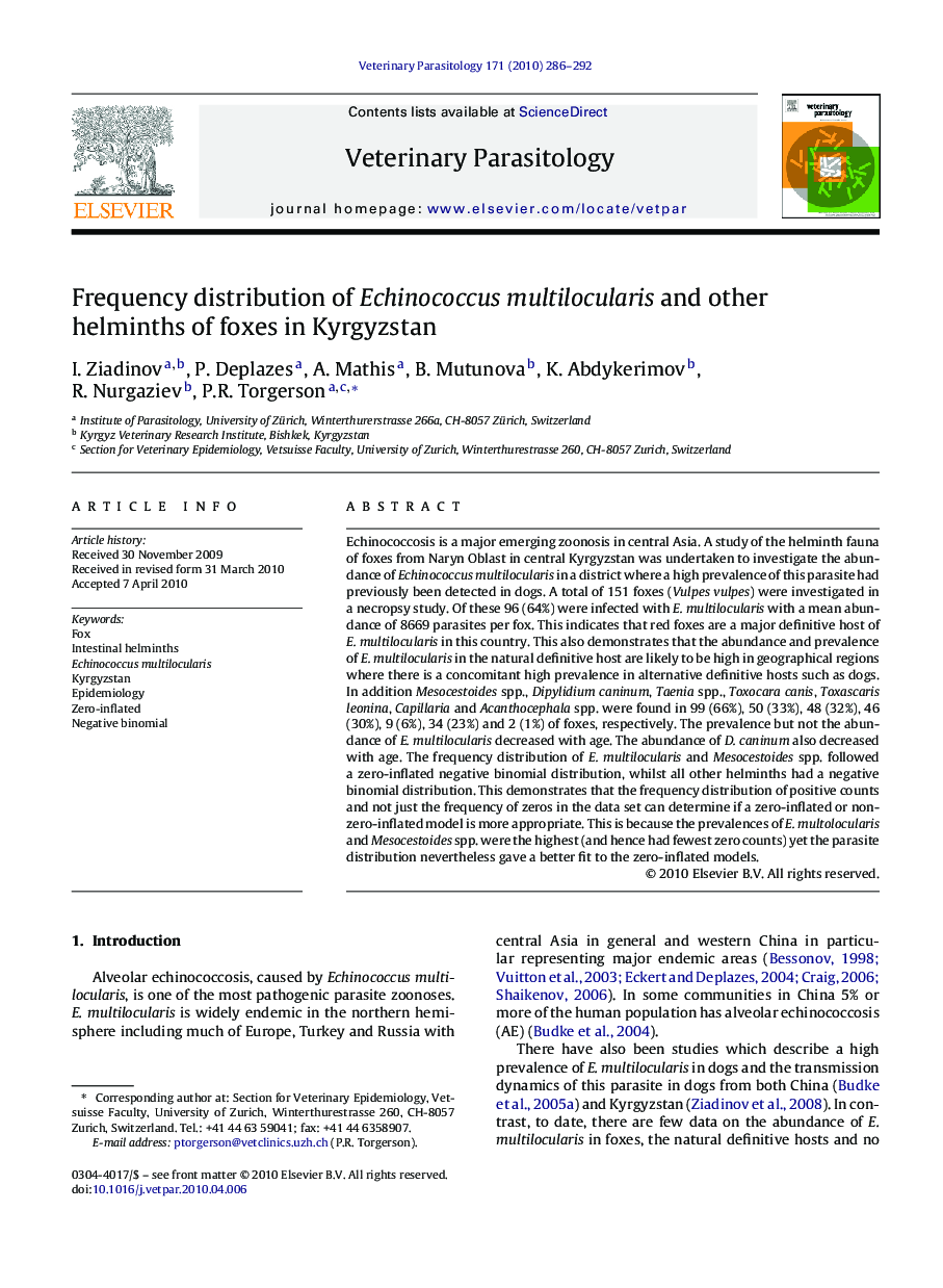 Frequency distribution of Echinococcus multilocularis and other helminths of foxes in Kyrgyzstan