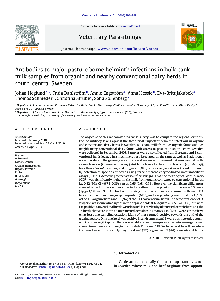 Antibodies to major pasture borne helminth infections in bulk-tank milk samples from organic and nearby conventional dairy herds in south-central Sweden