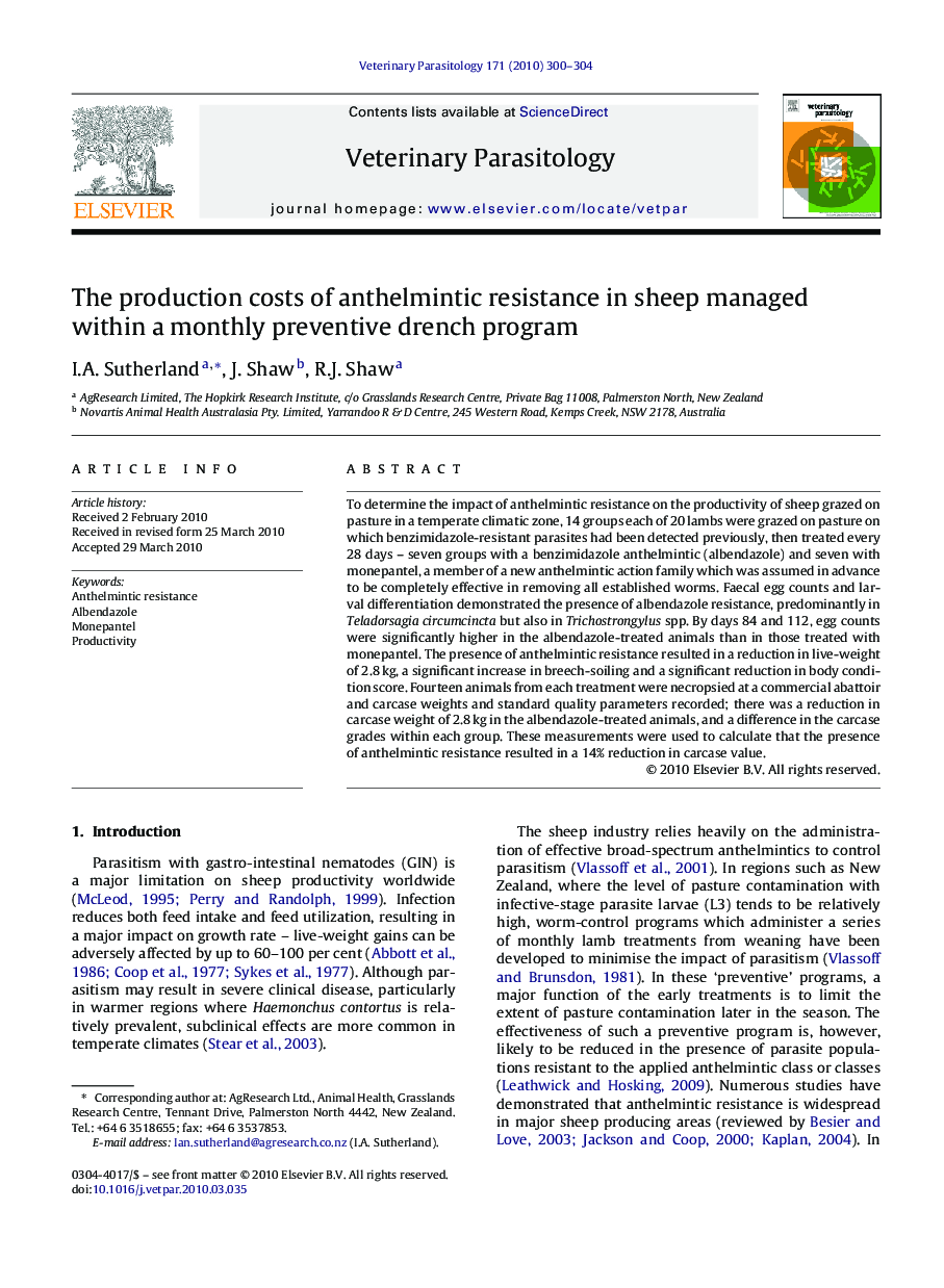 The production costs of anthelmintic resistance in sheep managed within a monthly preventive drench program