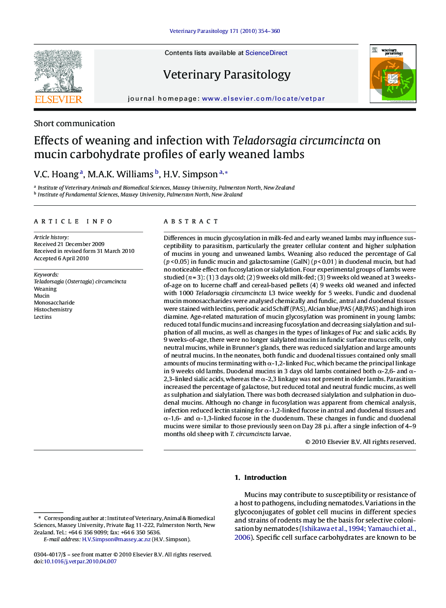 Effects of weaning and infection with Teladorsagia circumcincta on mucin carbohydrate profiles of early weaned lambs