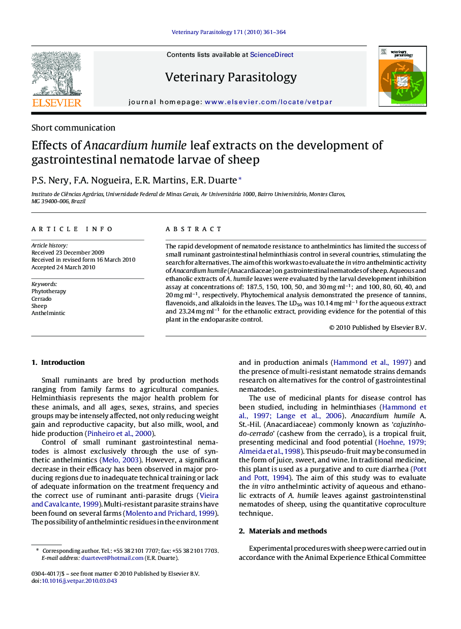 Effects of Anacardium humile leaf extracts on the development of gastrointestinal nematode larvae of sheep