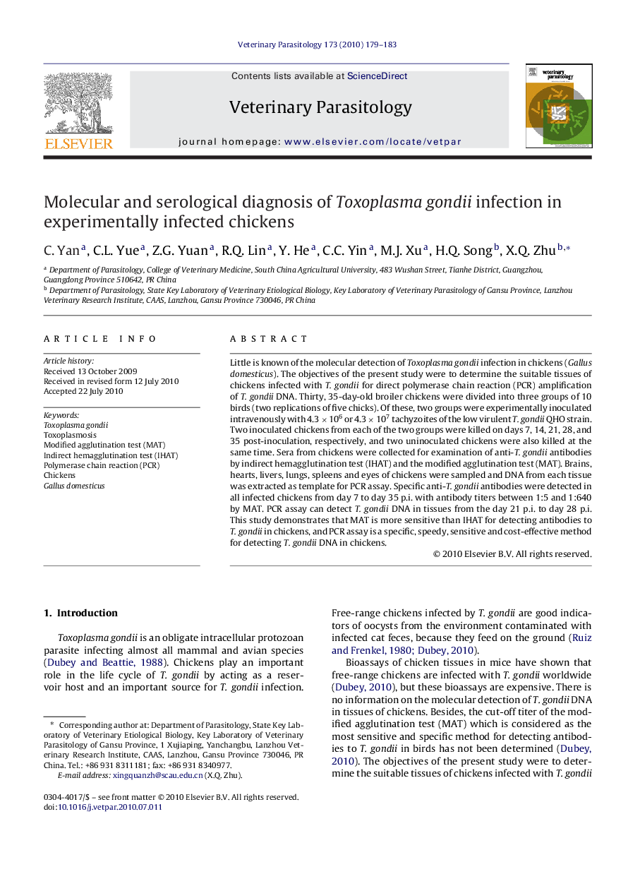 Molecular and serological diagnosis of Toxoplasma gondii infection in experimentally infected chickens