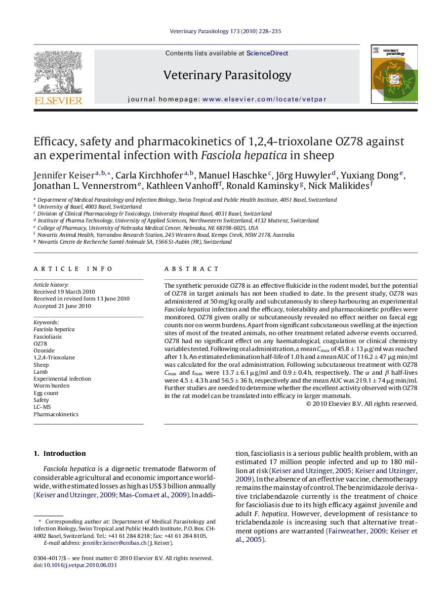 Efficacy, safety and pharmacokinetics of 1,2,4-trioxolane OZ78 against an experimental infection with Fasciola hepatica in sheep