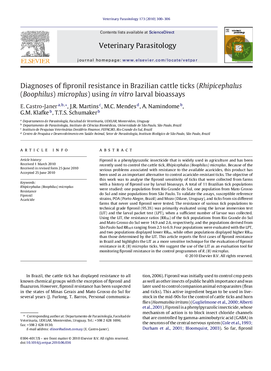 Diagnoses of fipronil resistance in Brazilian cattle ticks (Rhipicephalus (Boophilus) microplus) using in vitro larval bioassays