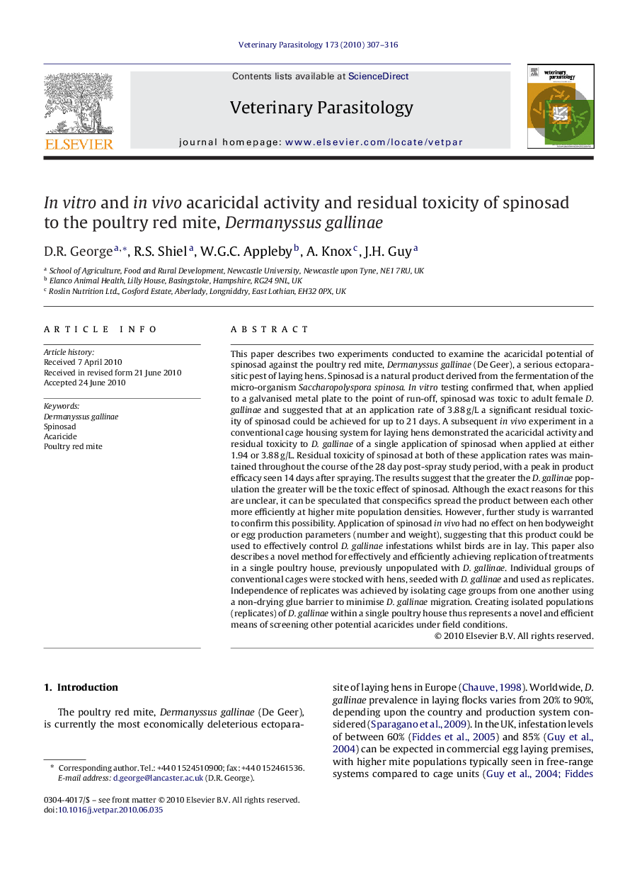 In vitro and in vivo acaricidal activity and residual toxicity of spinosad to the poultry red mite, Dermanyssus gallinae