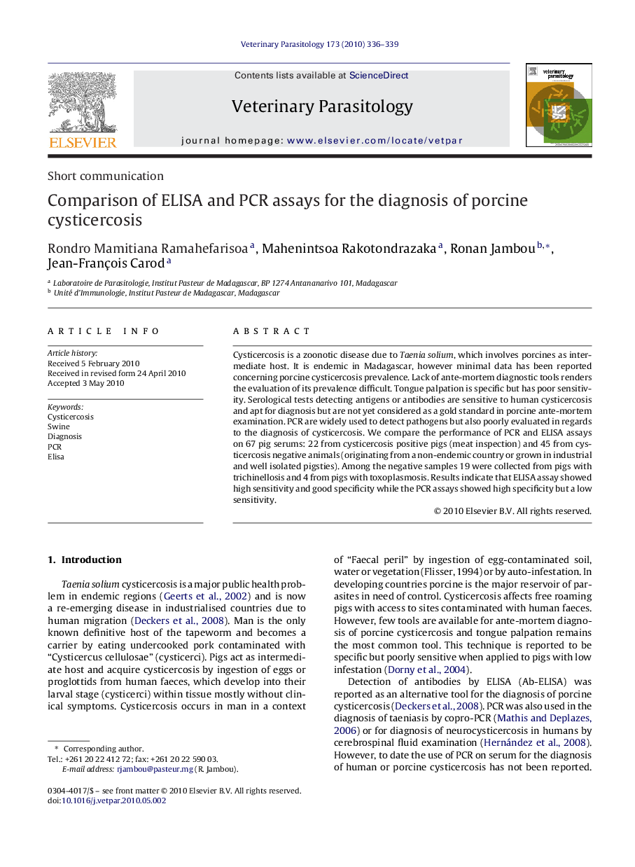 Comparison of ELISA and PCR assays for the diagnosis of porcine cysticercosis