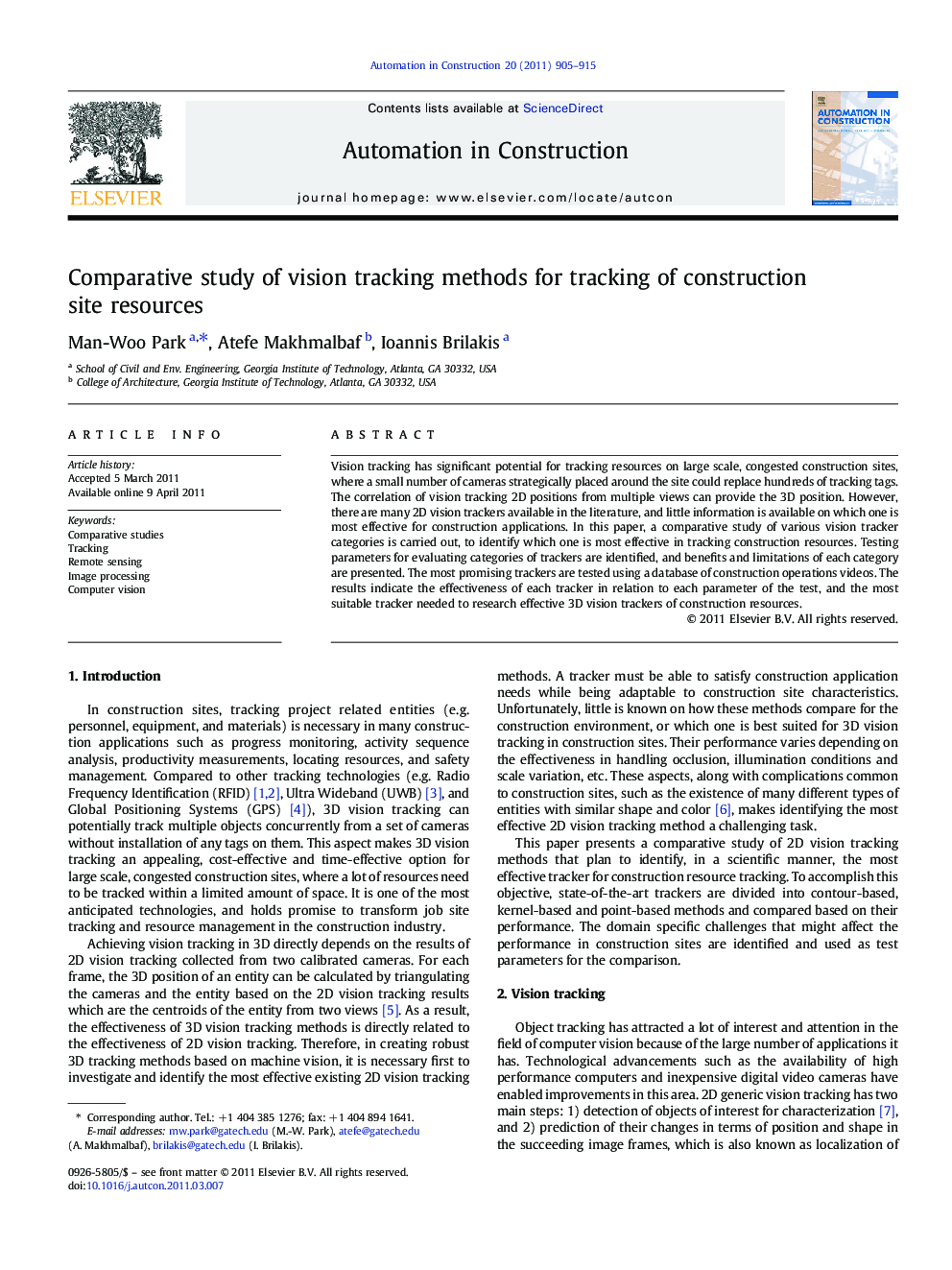 Comparative study of vision tracking methods for tracking of construction site resources