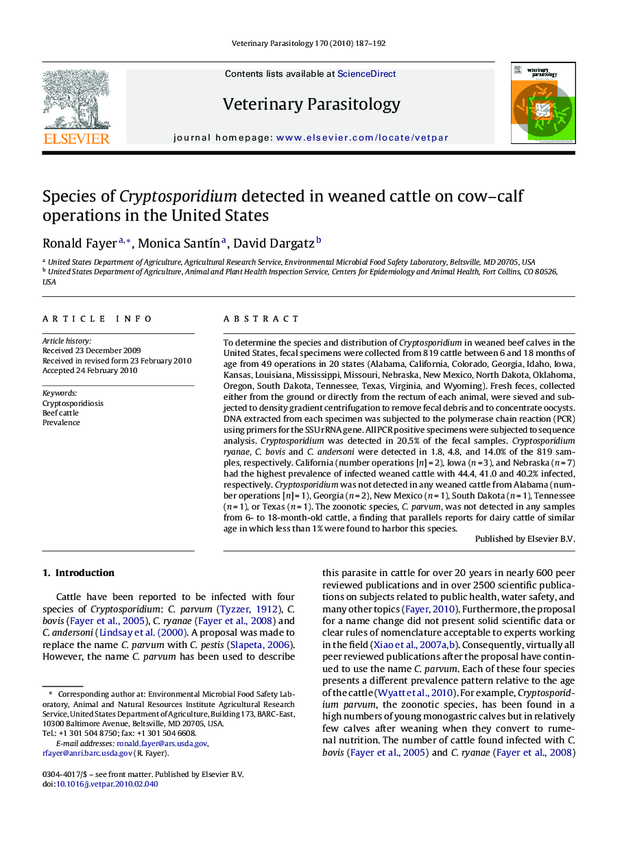 Species of Cryptosporidium detected in weaned cattle on cow–calf operations in the United States