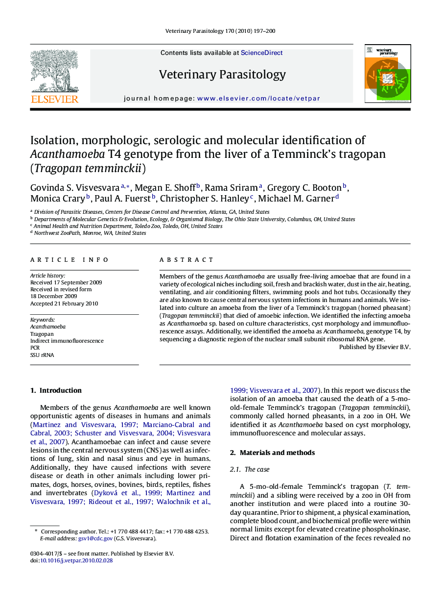 Isolation, morphologic, serologic and molecular identification of Acanthamoeba T4 genotype from the liver of a Temminck's tragopan (Tragopan temminckii)