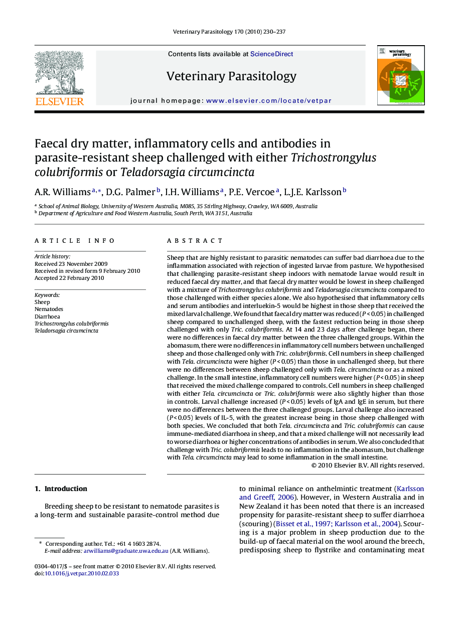 Faecal dry matter, inflammatory cells and antibodies in parasite-resistant sheep challenged with either Trichostrongylus colubriformis or Teladorsagia circumcincta