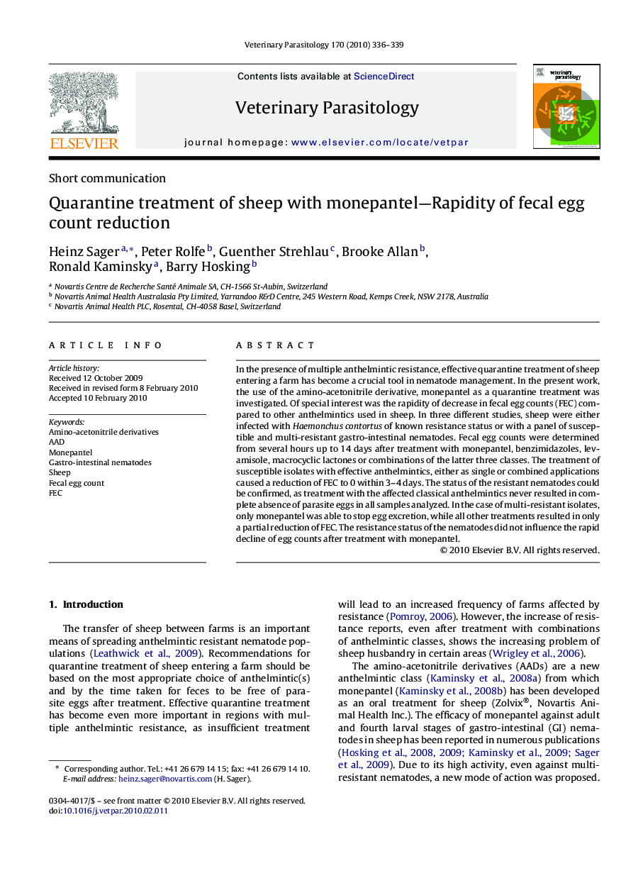 Quarantine treatment of sheep with monepantel—Rapidity of fecal egg count reduction