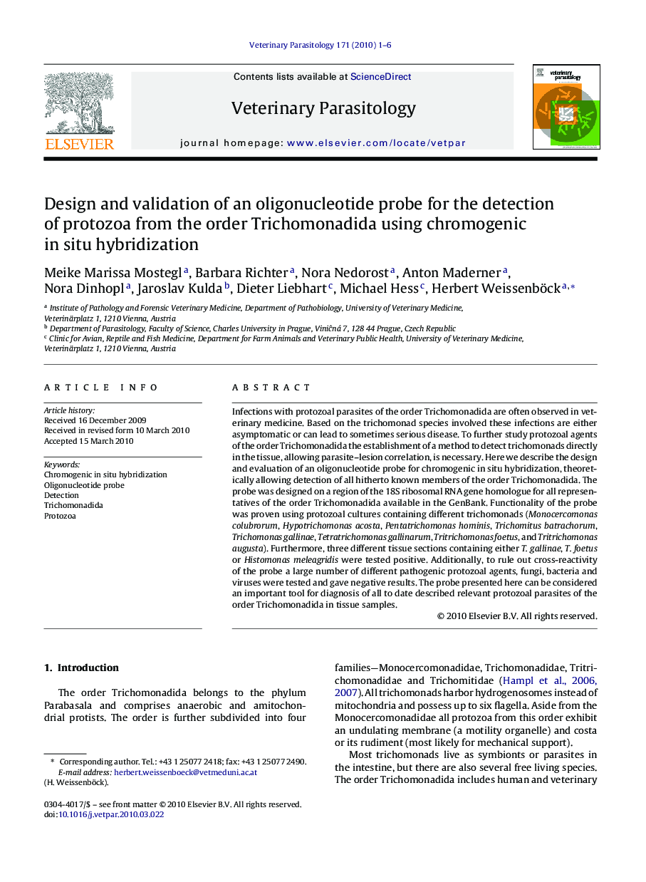 Design and validation of an oligonucleotide probe for the detection of protozoa from the order Trichomonadida using chromogenic in situ hybridization
