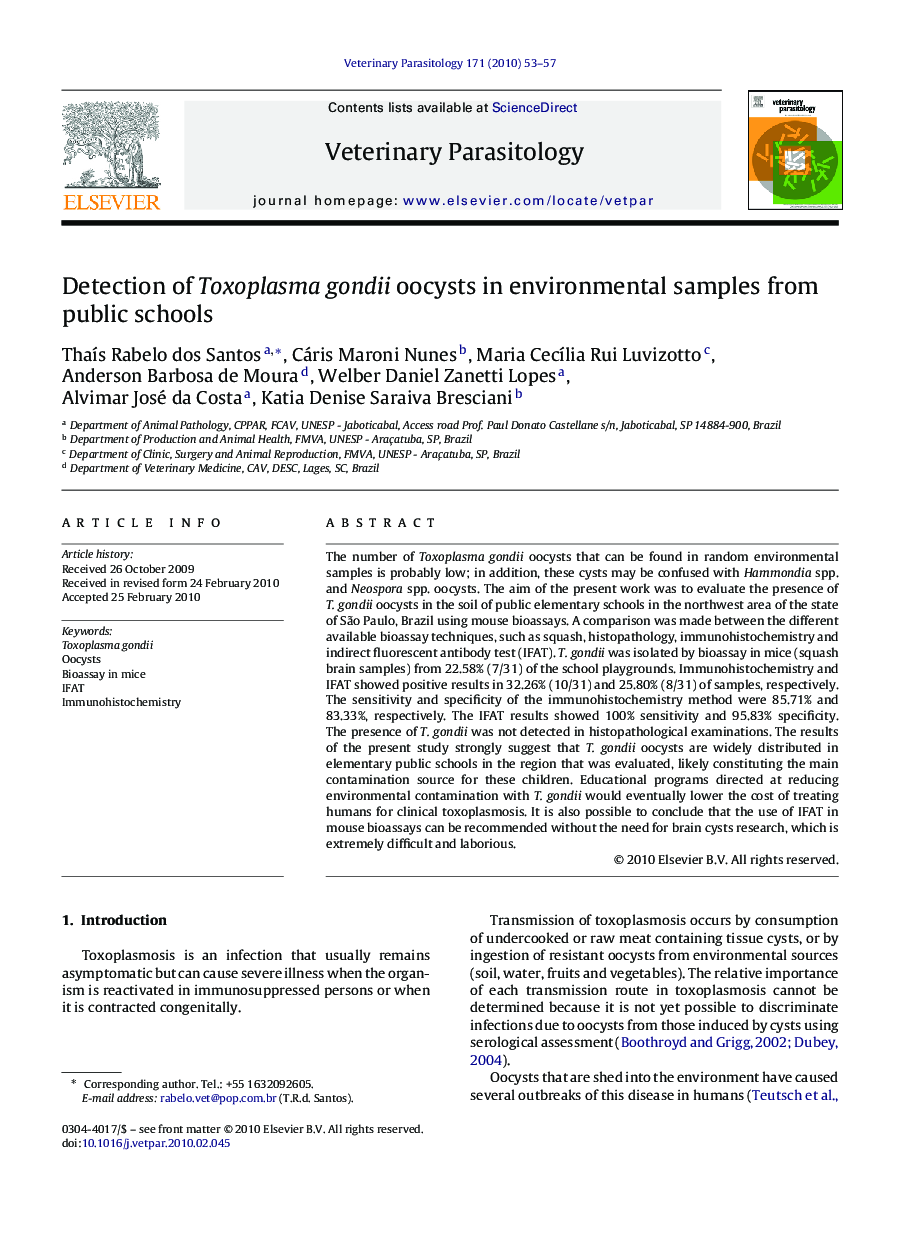 Detection of Toxoplasma gondii oocysts in environmental samples from public schools