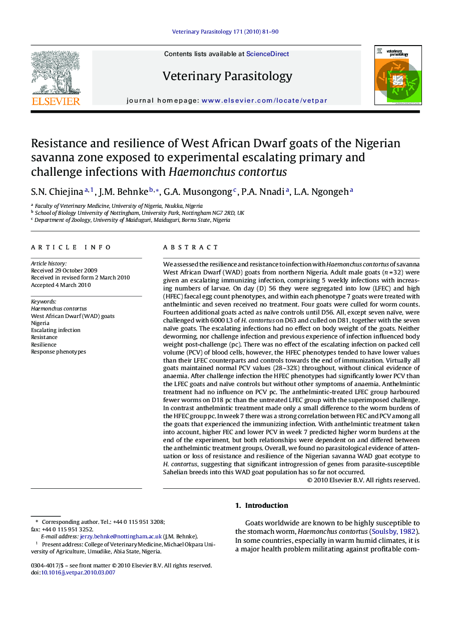 Resistance and resilience of West African Dwarf goats of the Nigerian savanna zone exposed to experimental escalating primary and challenge infections with Haemonchus contortus