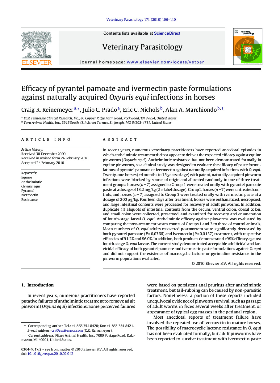 Efficacy of pyrantel pamoate and ivermectin paste formulations against naturally acquired Oxyuris equi infections in horses