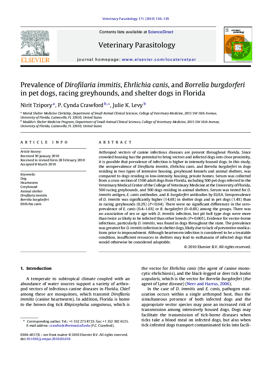 Prevalence of Dirofilaria immitis, Ehrlichia canis, and Borrelia burgdorferi in pet dogs, racing greyhounds, and shelter dogs in Florida