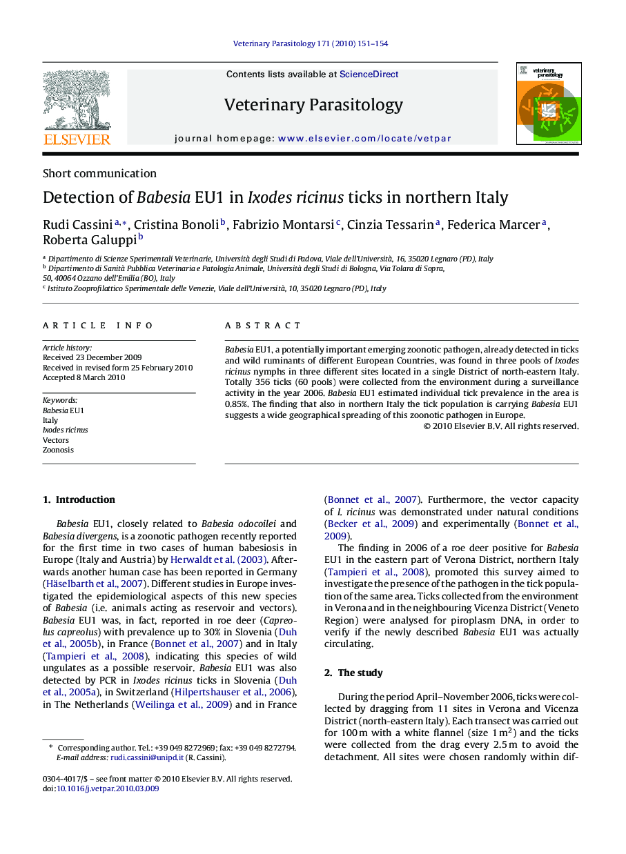 Detection of Babesia EU1 in Ixodes ricinus ticks in northern Italy