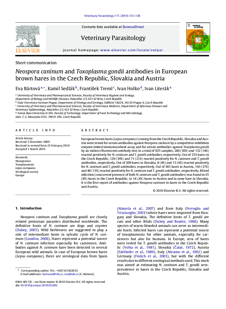 Neospora caninum and Toxoplasma gondii antibodies in European brown hares in the Czech Republic, Slovakia and Austria