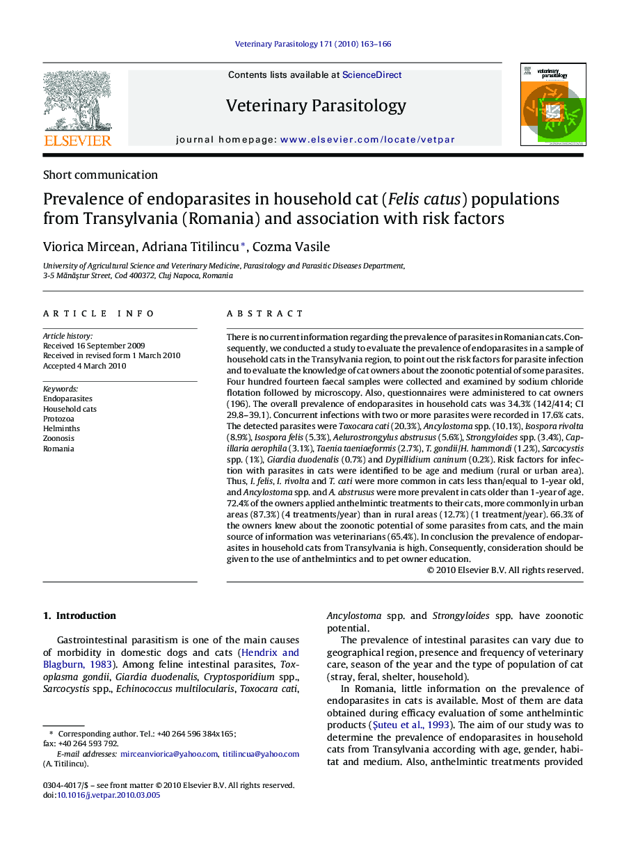 Prevalence of endoparasites in household cat (Felis catus) populations from Transylvania (Romania) and association with risk factors
