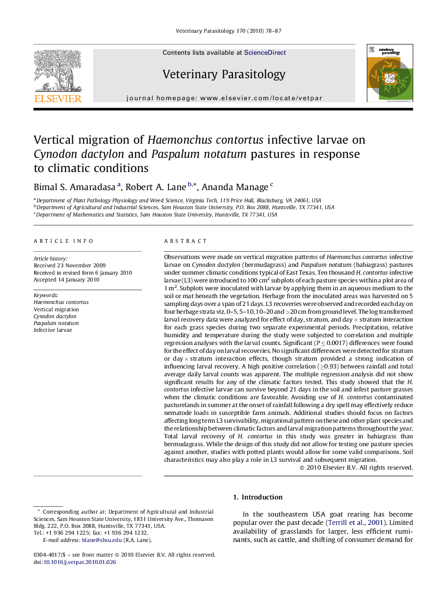 Vertical migration of Haemonchus contortus infective larvae on Cynodon dactylon and Paspalum notatum pastures in response to climatic conditions