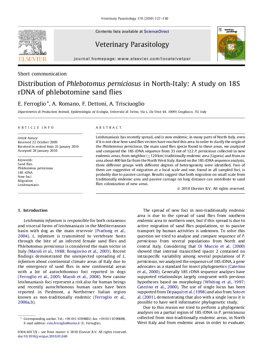 Distribution of Phlebotomus perniciosus in North-Italy: A study on 18S rDNA of phlebotomine sand flies