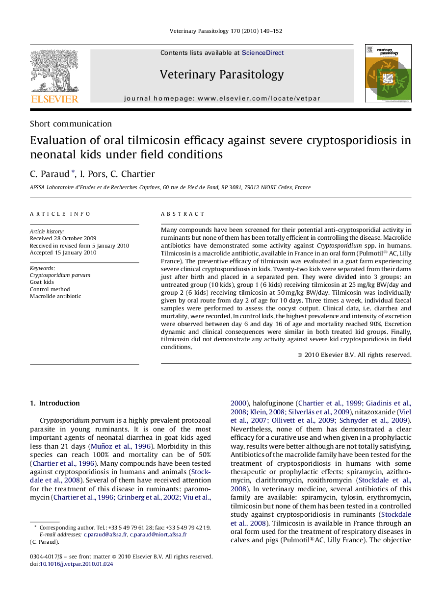 Evaluation of oral tilmicosin efficacy against severe cryptosporidiosis in neonatal kids under field conditions