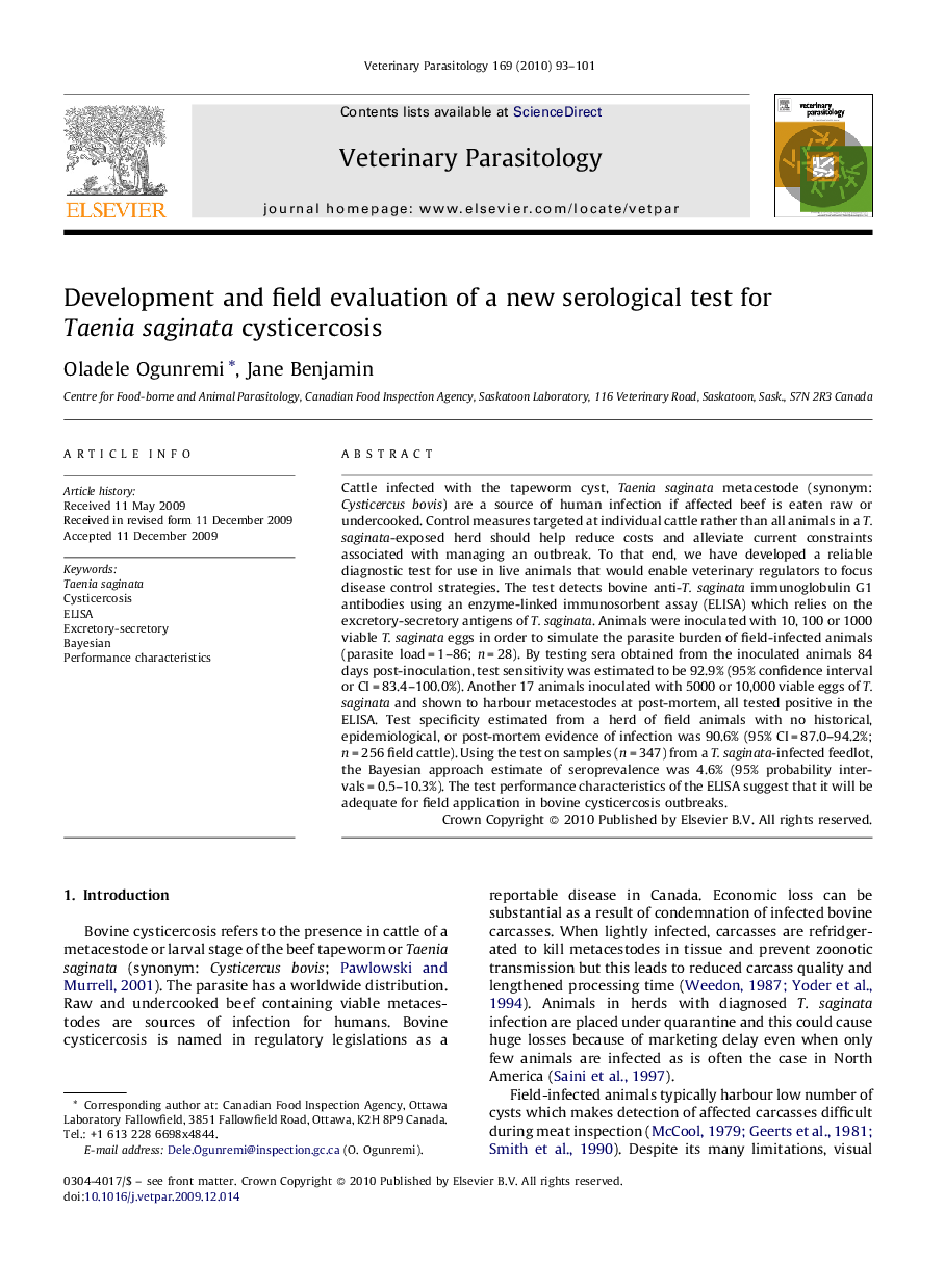 Development and field evaluation of a new serological test for Taenia saginata cysticercosis