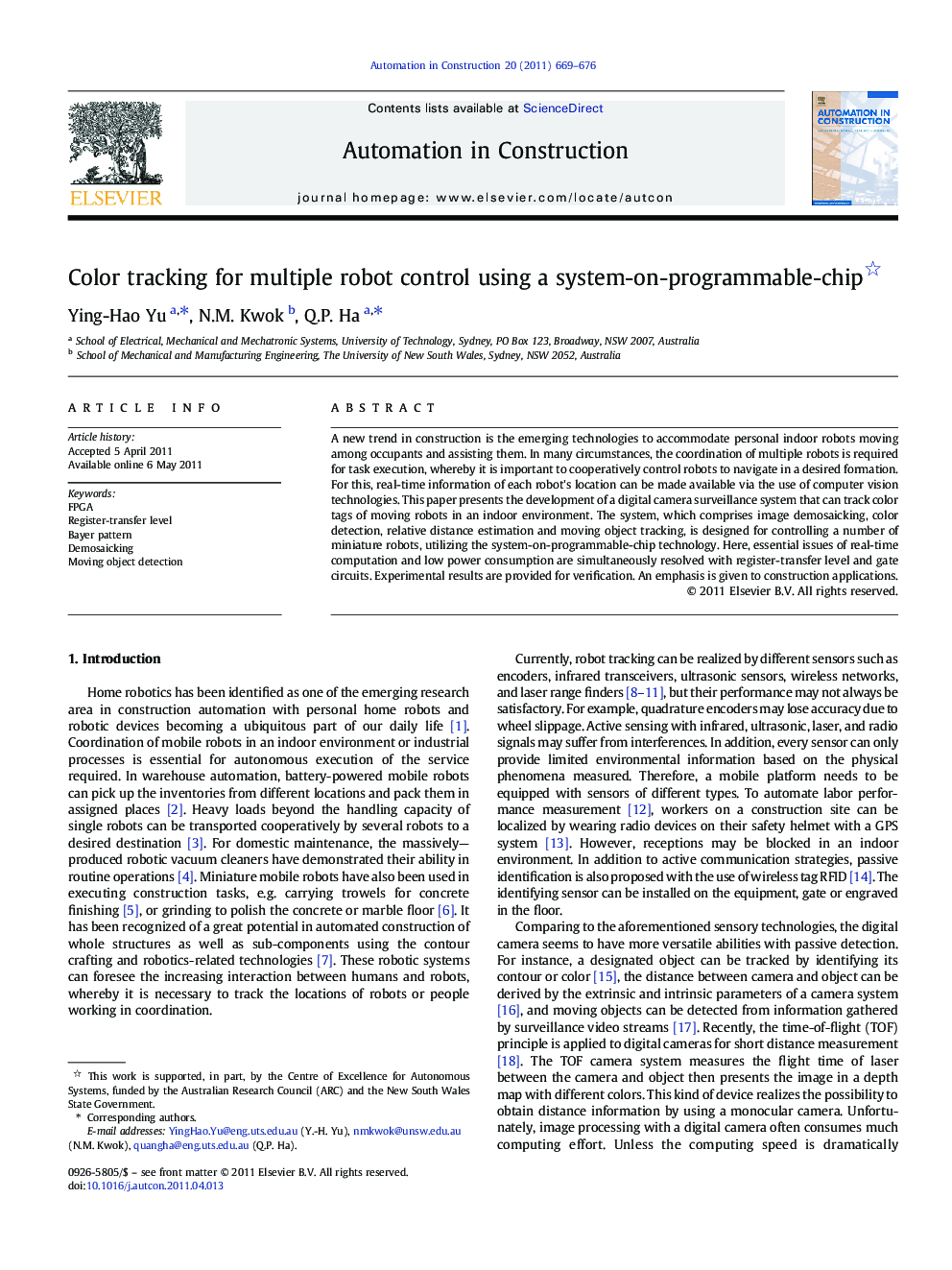 Color tracking for multiple robot control using a system-on-programmable-chip 