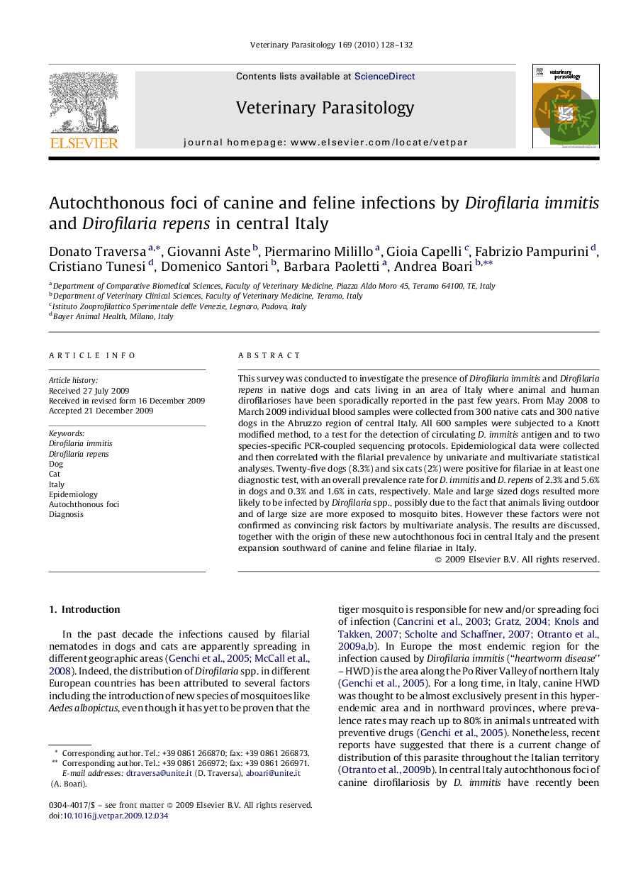 Autochthonous foci of canine and feline infections by Dirofilaria immitis and Dirofilaria repens in central Italy