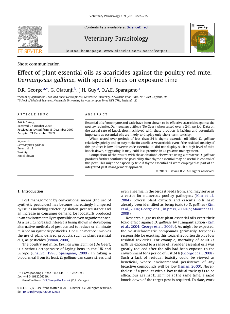 عکس صفحه اول مقاله: Effect of plant essential oils as acaricides against the poultry red mite, Dermanyssus gallinae, with special focus on exposure time Effect of plant essential oils as acaricides against the poultry red mite, Dermanyssus gallinae, with special focus on exposure time