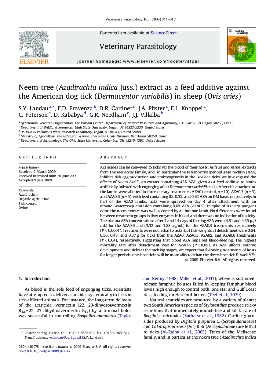 Neem-tree (Azadirachta indica Juss.) extract as a feed additive against the American dog tick (Dermacentor variabilis) in sheep (Ovis aries)